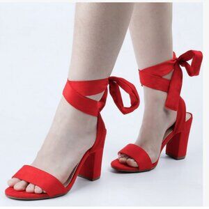 NWOT Red Suede Lace Up Wrap Open Toe Chunky Heeled Sandals, size 10